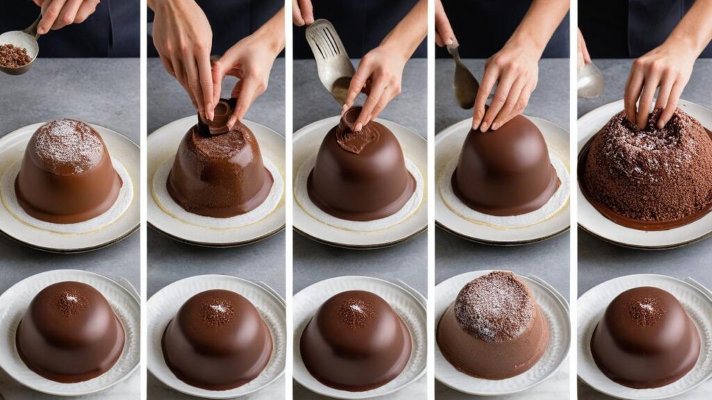  showing the process of layering the gelato in a dome-shaped mold