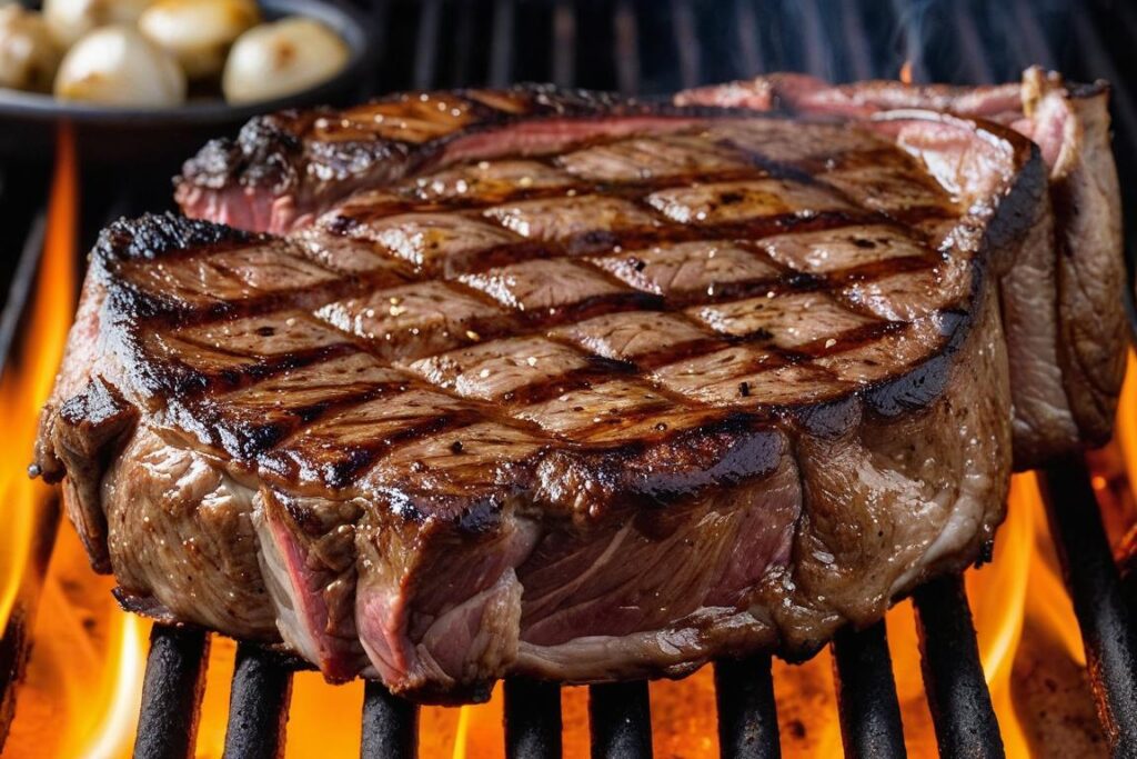 a ribeye steak sizzling on a grill