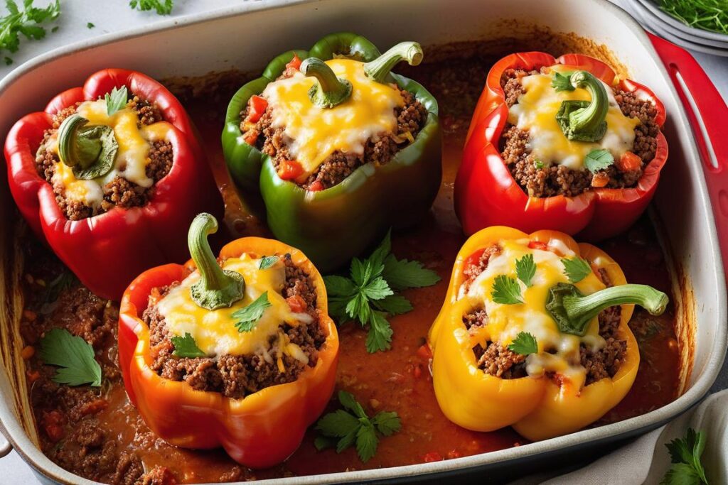 Easy beef recipes: Colorful bell peppers stuffed with ground beef, rice, and tomatoes, topped with melted cheese