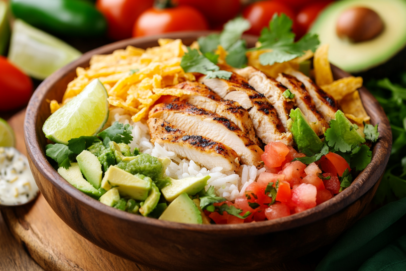pollo bowl in a rustic wooden bowl