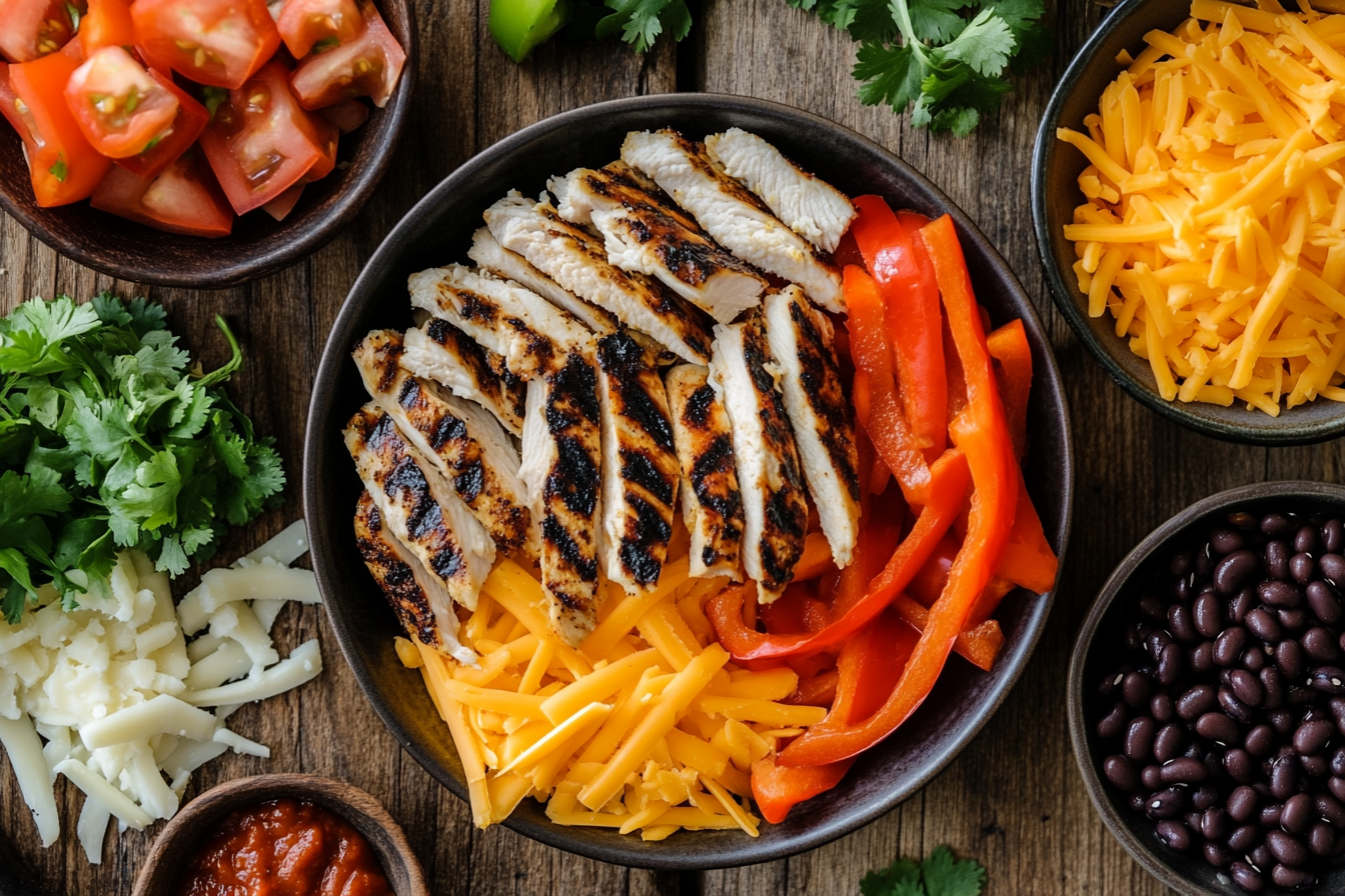 a pollo bowl, including bowls of black beans, grilled bell peppers, shredded cheese, and grilled chicken strips