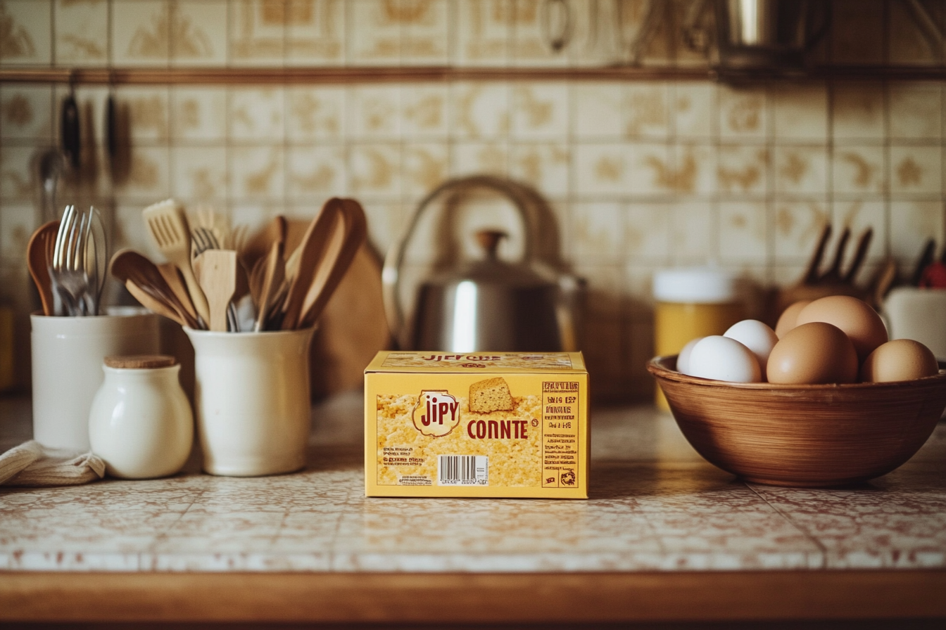 Infographic showing signs of spoilage for expired Jiffy Cornbread mix, including mold, clumps, color change, and packaging damage