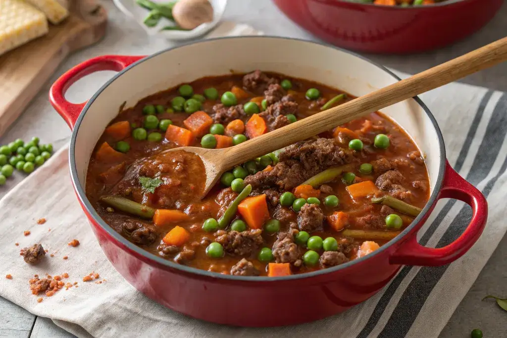 A hearty bowl of savoury mince served with mashed potatoes and vegetables.