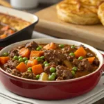 A hearty bowl of savoury mince served with mashed potatoes and vegetables.