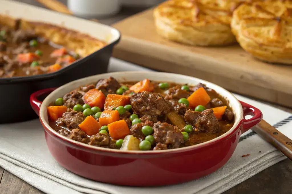 A hearty bowl of savoury mince served with mashed potatoes and vegetables.