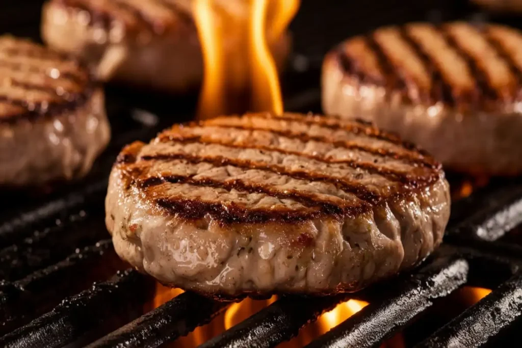 perfectly grilled hamburger patty sizzling on a grill