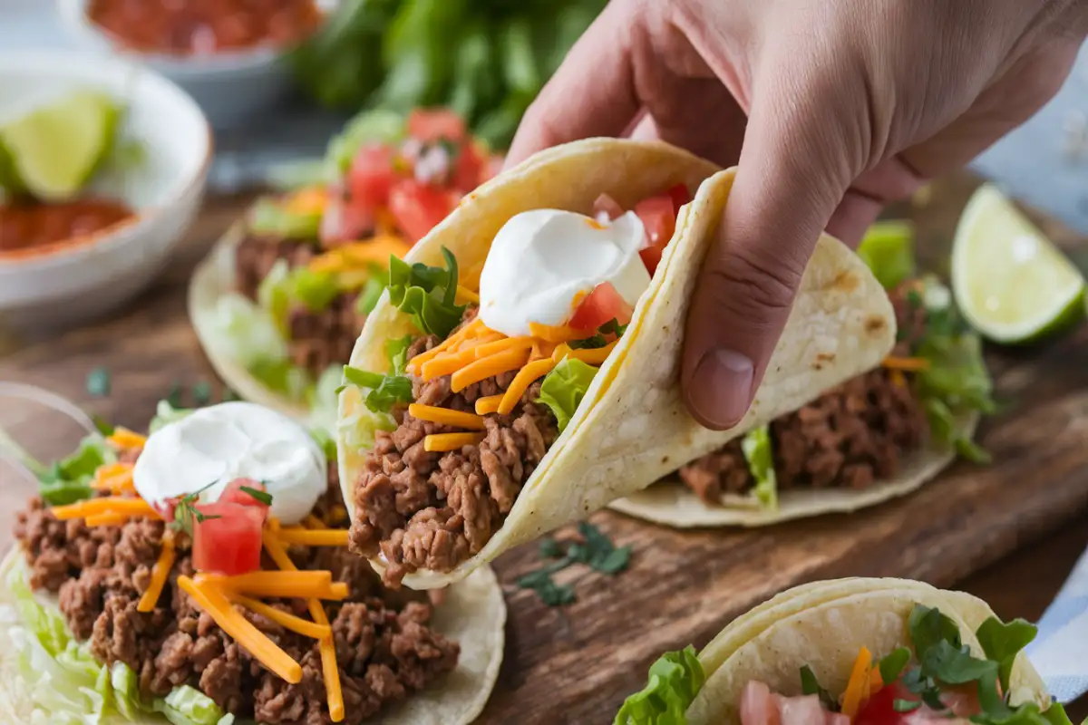 perfectly cooked ground beef taco, with seasoned ground beef