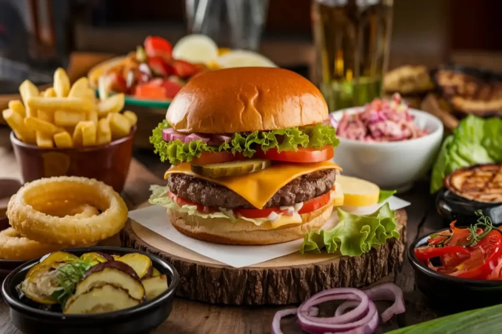 classic burger on a wooden board