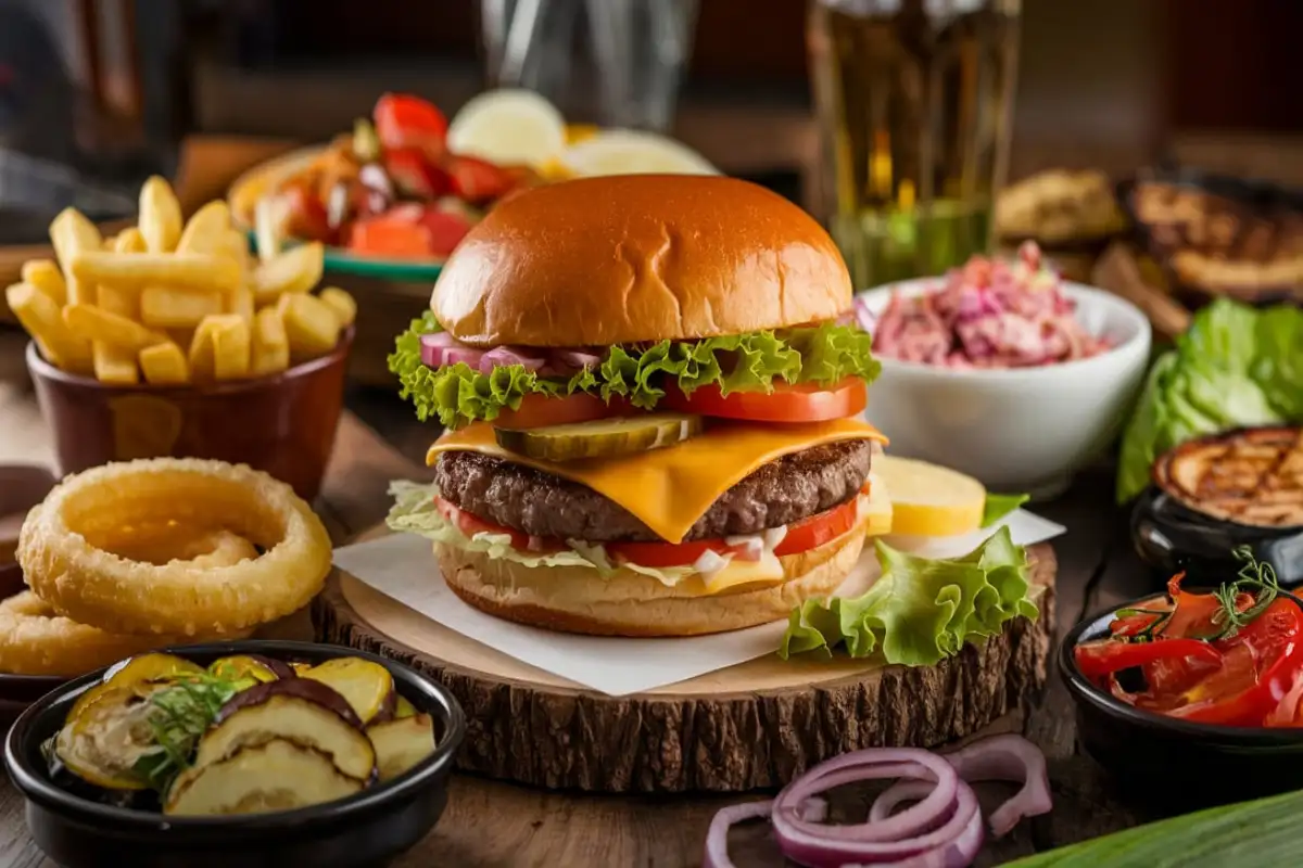 classic burger on a wooden board