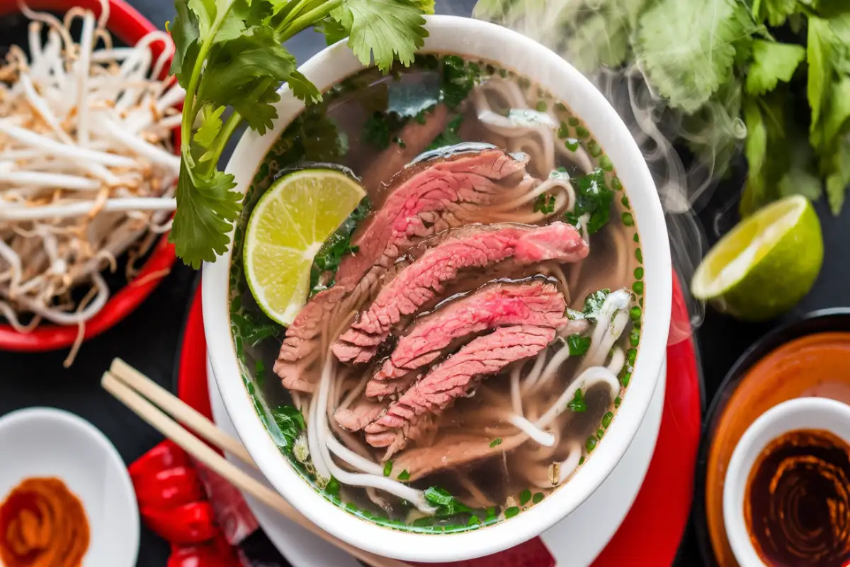 bowl of Vietnamese Pho, featuring thin slices of beef floating in a rich, aromatic broth