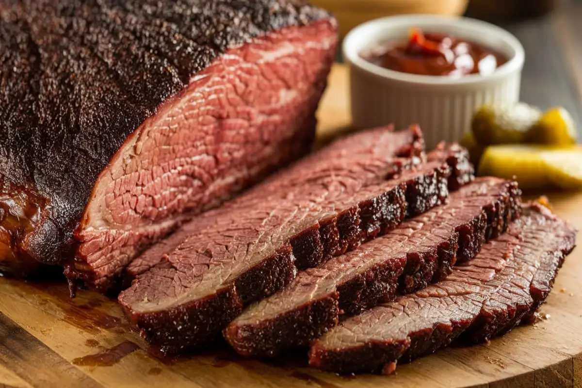 smoked brisket, showing the rich, dark bark on the outside and the tender, juicy interior