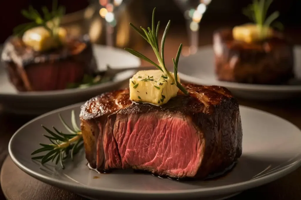 dining table setup featuring a perfectly cooked ribeye steak as the centerpiece.