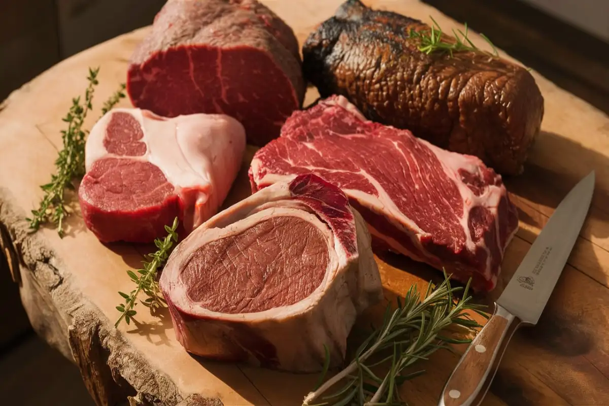 variety of beef cuts arranged on a wooden butcher’s block