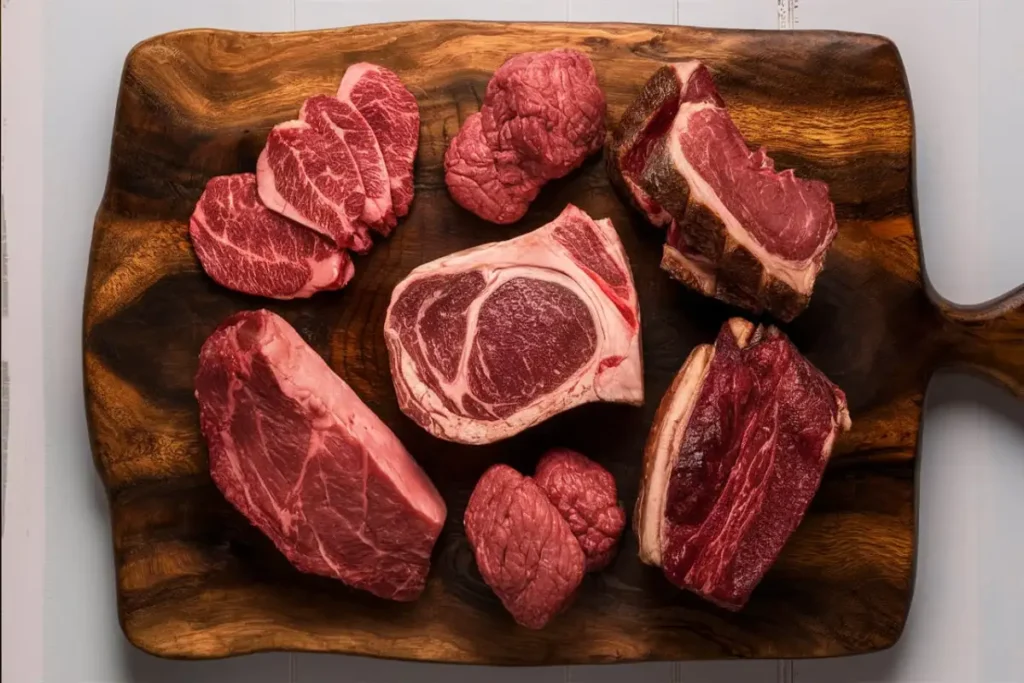 various cuts of beef displayed on a rustic wooden cutting board