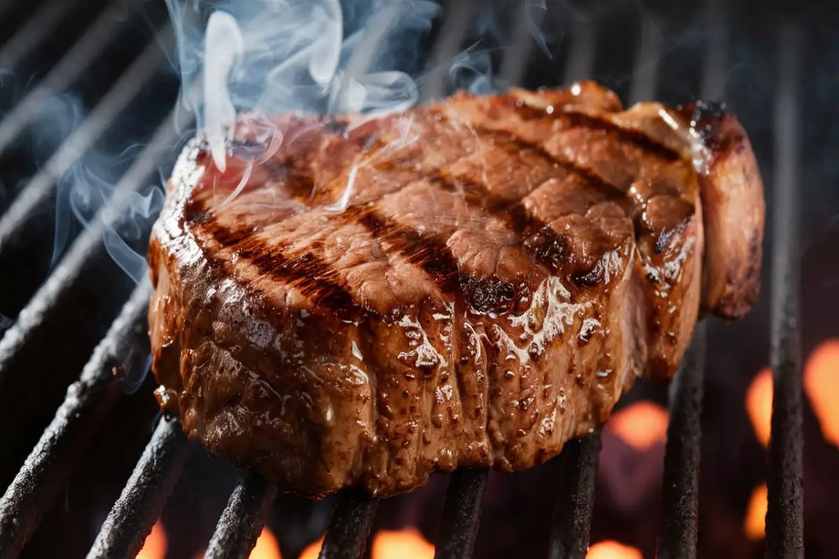 shot of a juicy ribeye steak on a grill, with visible grill marks and a slight char