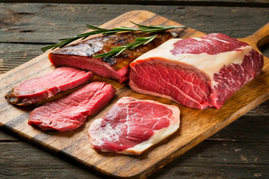 a variety of raw beef cuts arranged on a rustic wooden board.