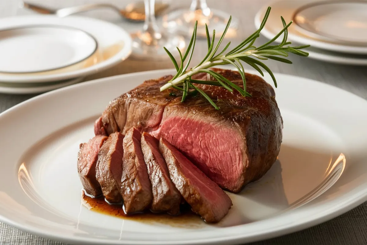 cooked Prime ribeye steak, sliced to show the interior, with visible marbling and a juicy, tender texture