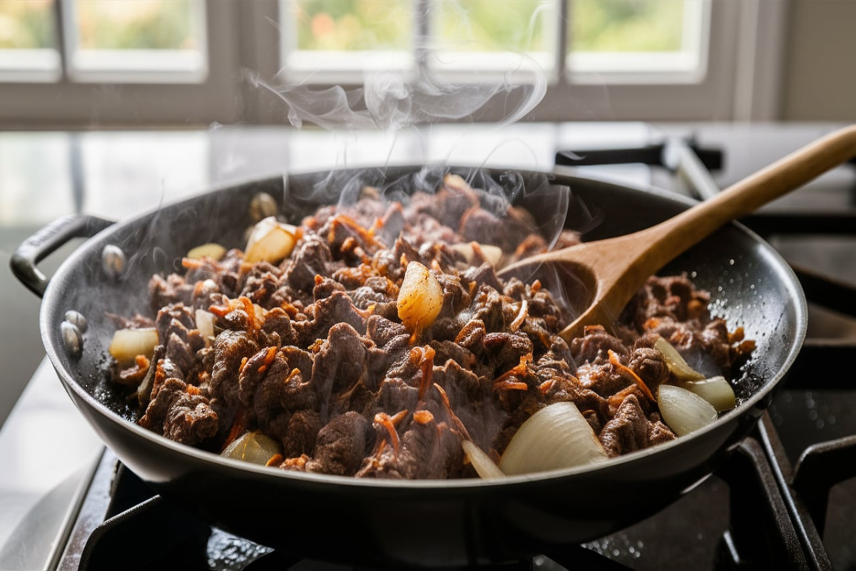 pan of sizzling beef mince being cooked