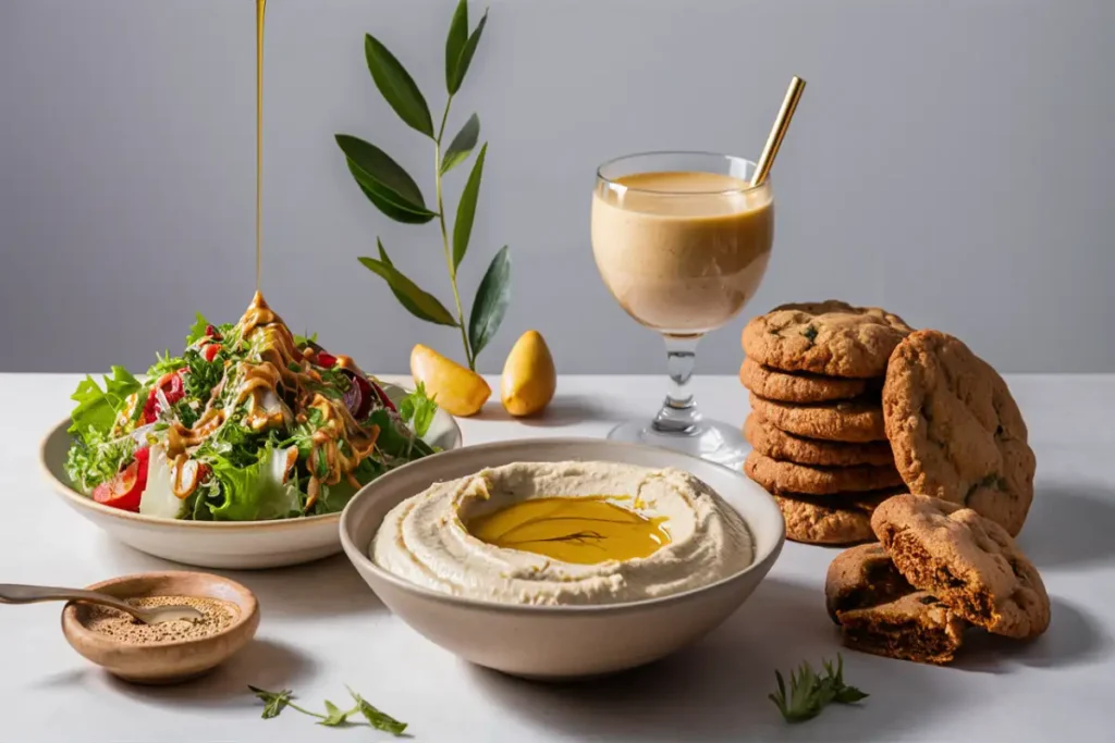 A variety of tahini dishes including hummus, salad with tahini dressing, tahini cookies, and a smoothie