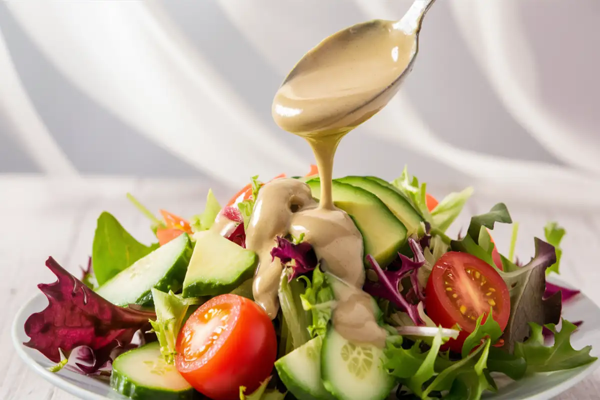 Tahini being drizzled over a fresh salad with greens, cucumbers, and tomatoes