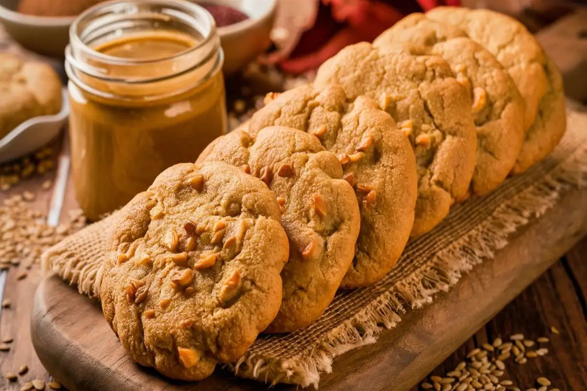 Freshly baked tahini cookies on a wooden board, with a jar of tahini and sesame seeds