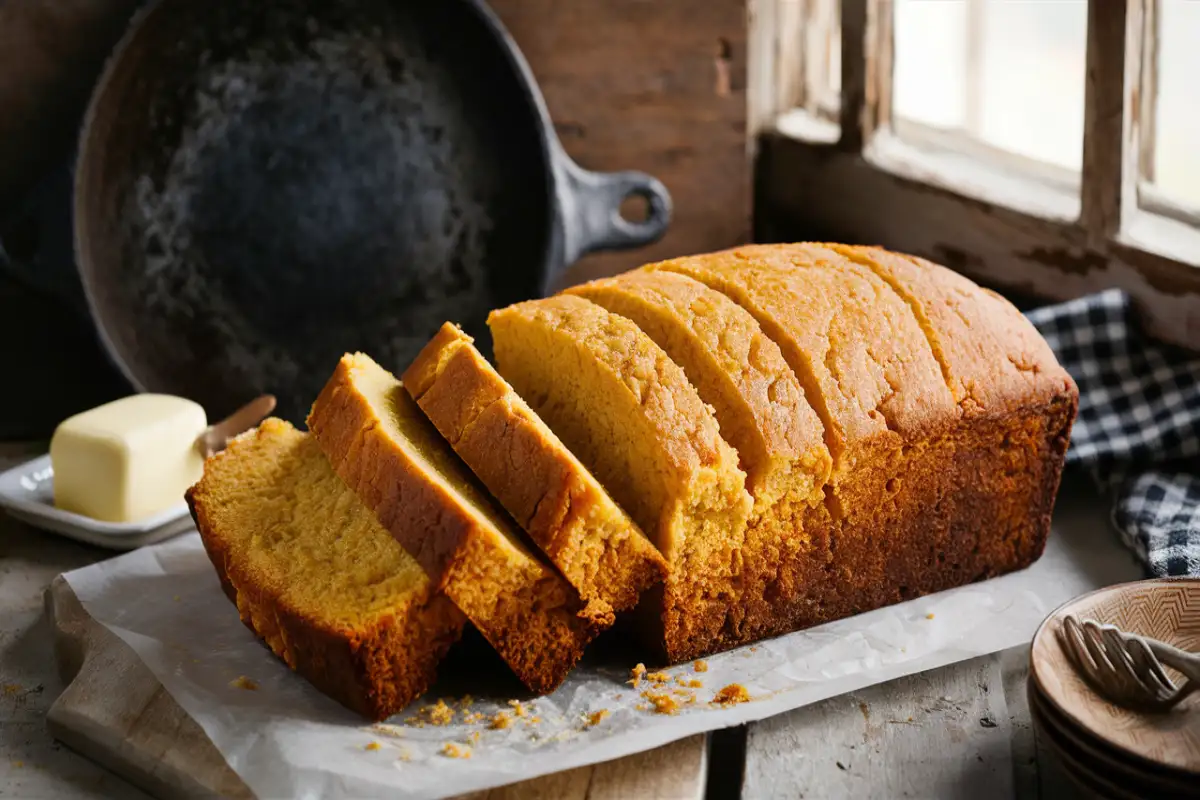 Freshly baked cornbread slices with a golden crust in a rustic kitchen setting