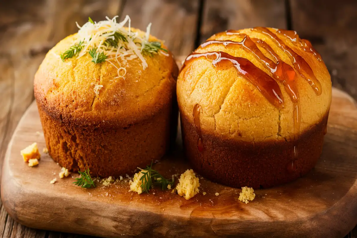 Sweet and savory cornbread side by side on a wooden cutting board with honey and herbs