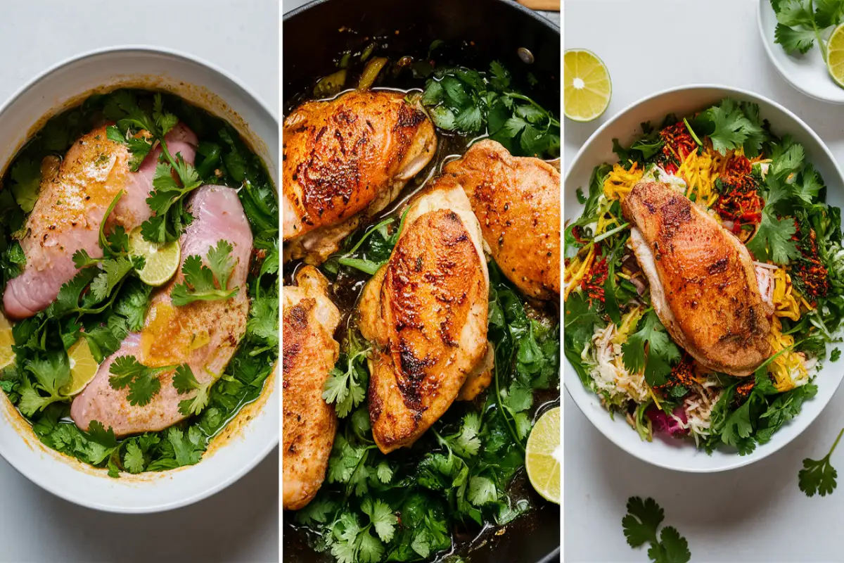 A series of step-by-step images showcasing the preparation of chicken for the Eta Cilantro Bowl