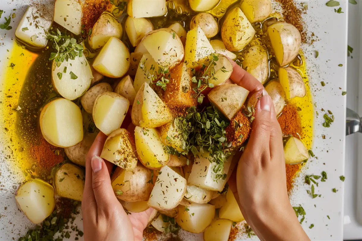 diced potatoes being seasoned with olive oil, garlic powder, and oregano in a bowl. 