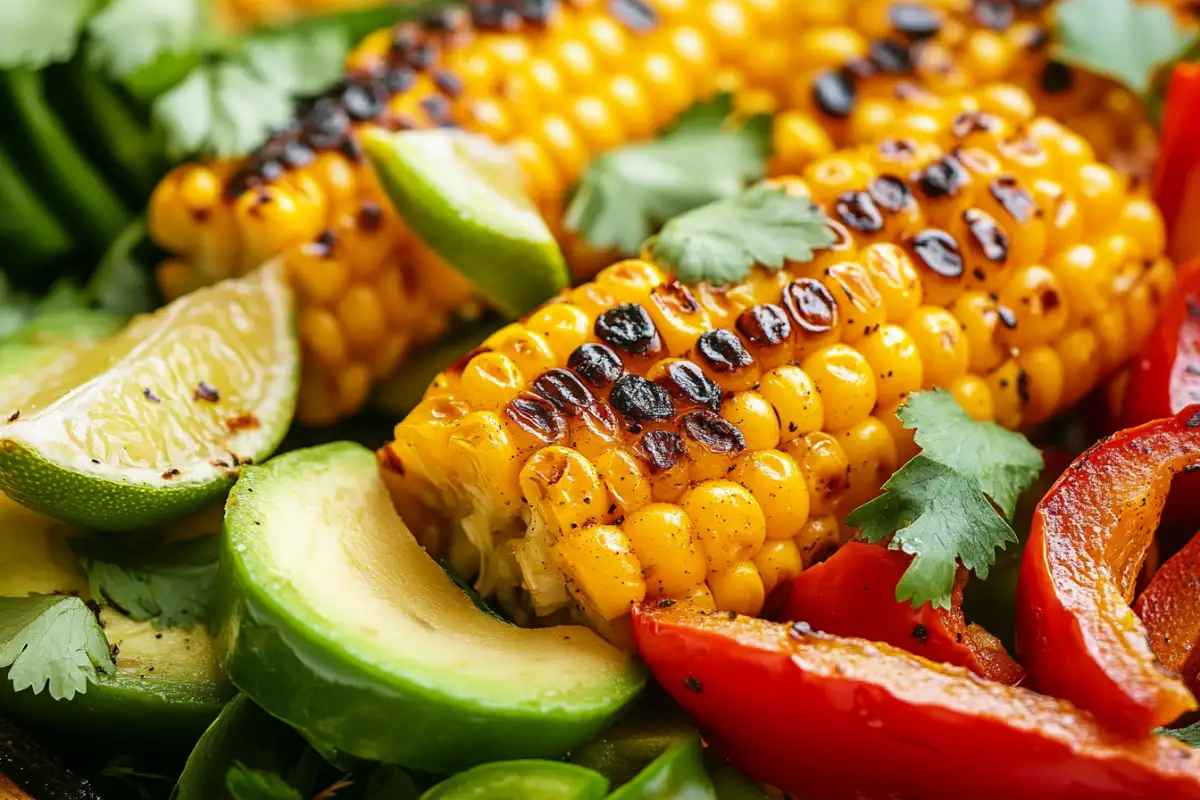 Grilled corn and avocado slices with cilantro and lime.