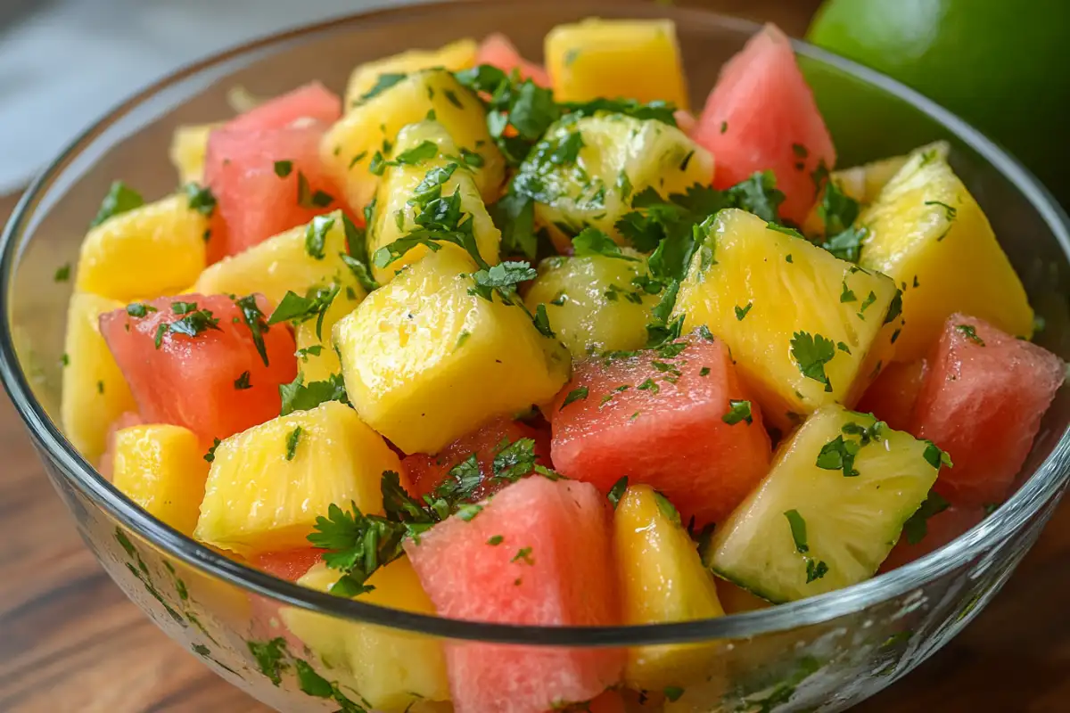 Tropical fruit salad with mango, pineapple, and cilantro lime garnish.