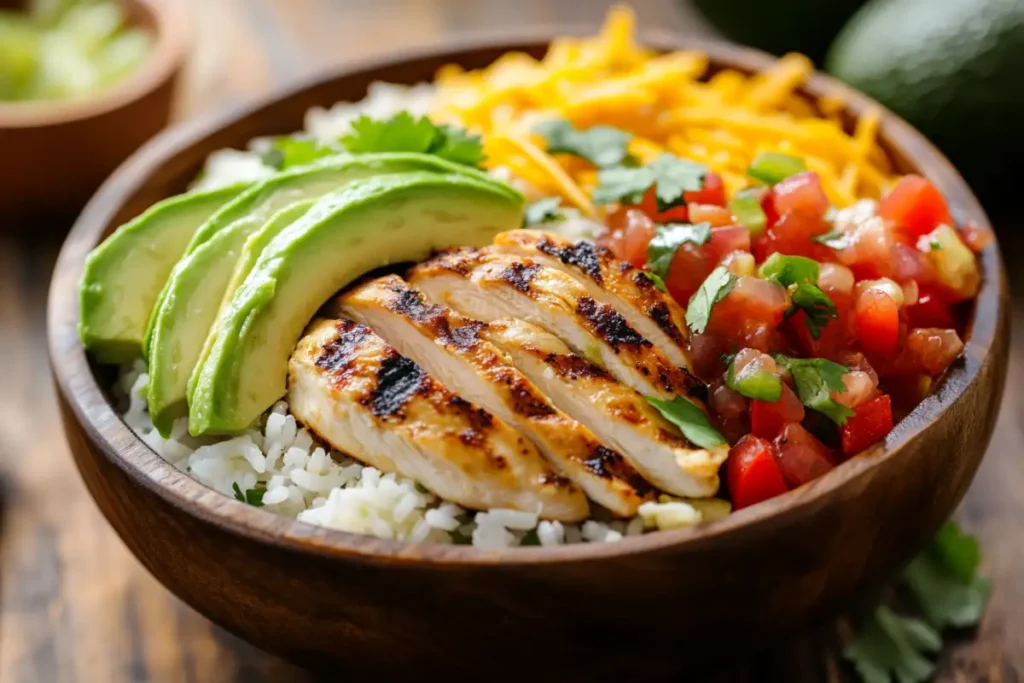 Chipotle bowl with cilantro lime rice and various toppings