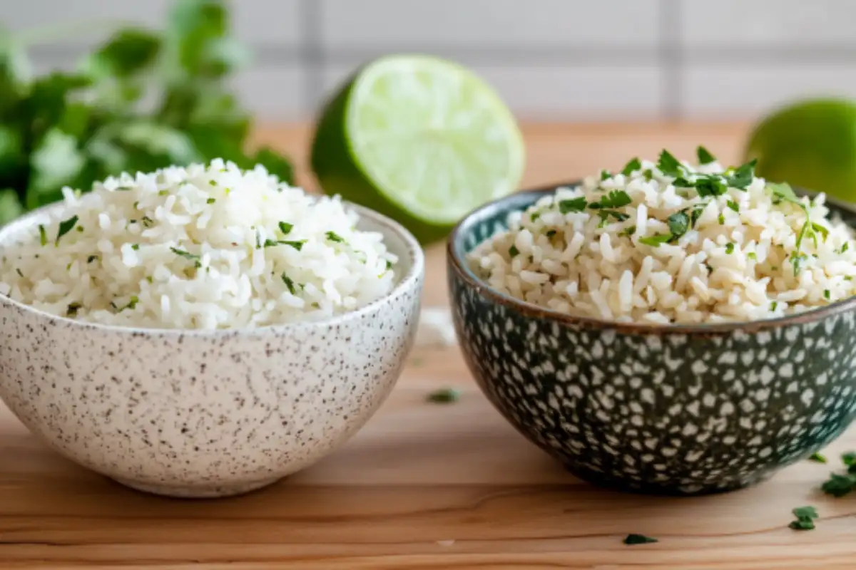 Close-up of white and brown cilantro lime rice at Chipotle