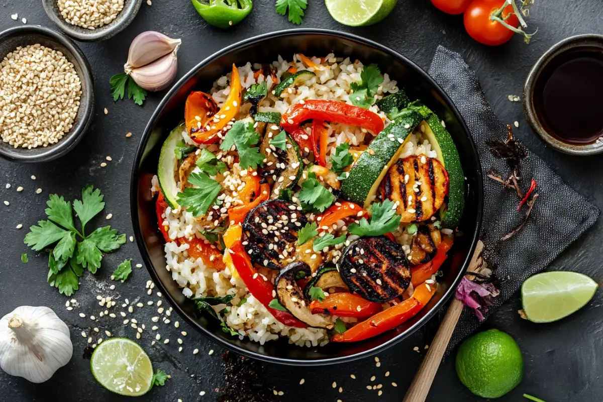 Flavored rice bowl with vegetables and herbs.