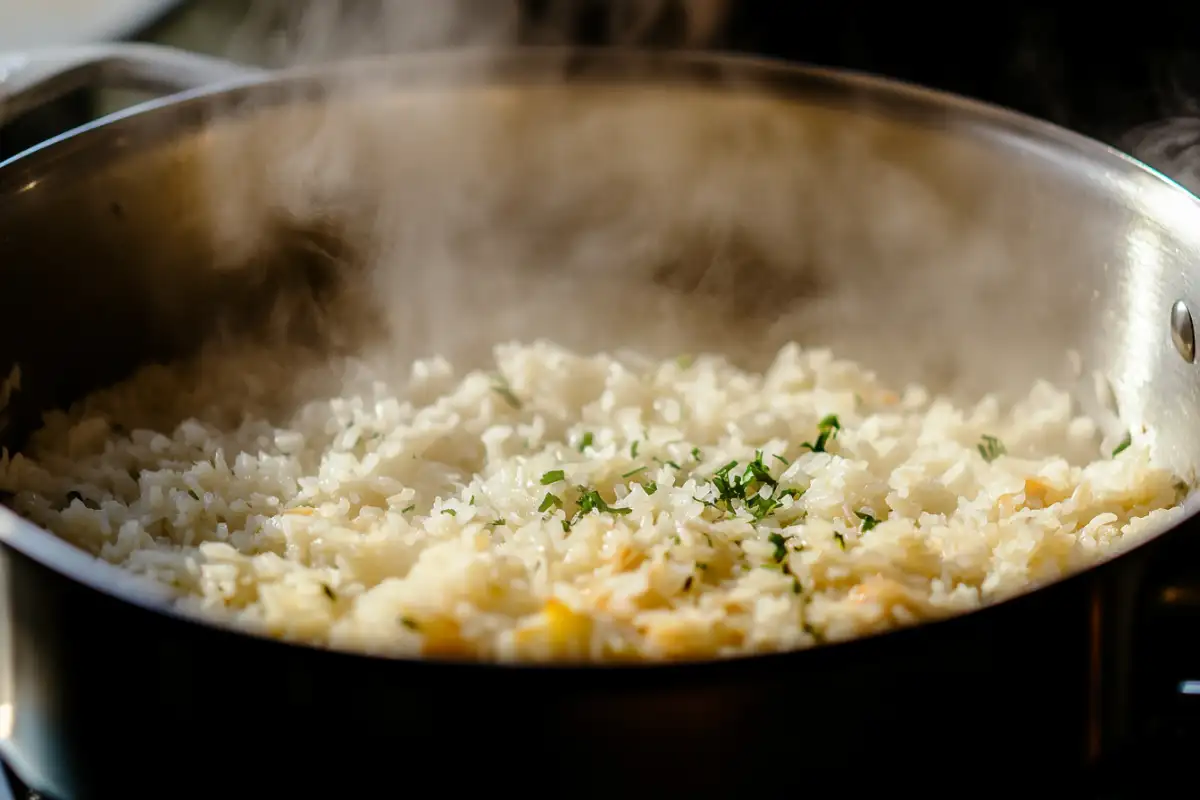 Rice cooking in broth with garlic and onions.