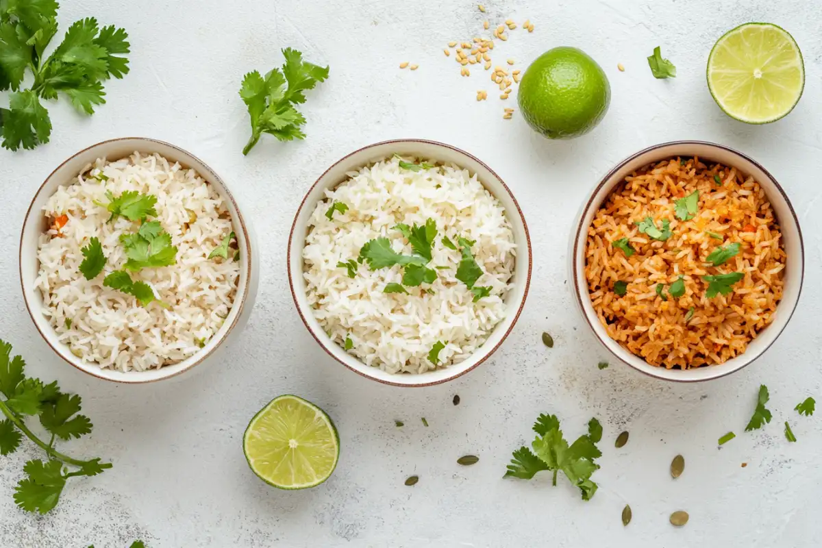 Three bowls of rice with global seasonings.