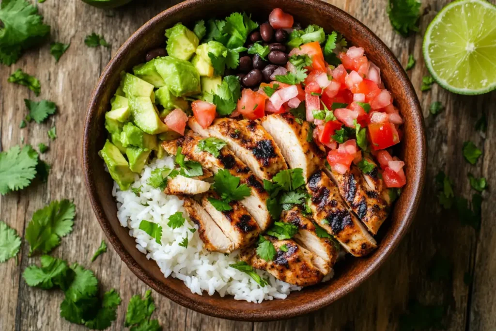 Cilantro lime chicken bowl with grilled chicken, rice, and colorful toppings.