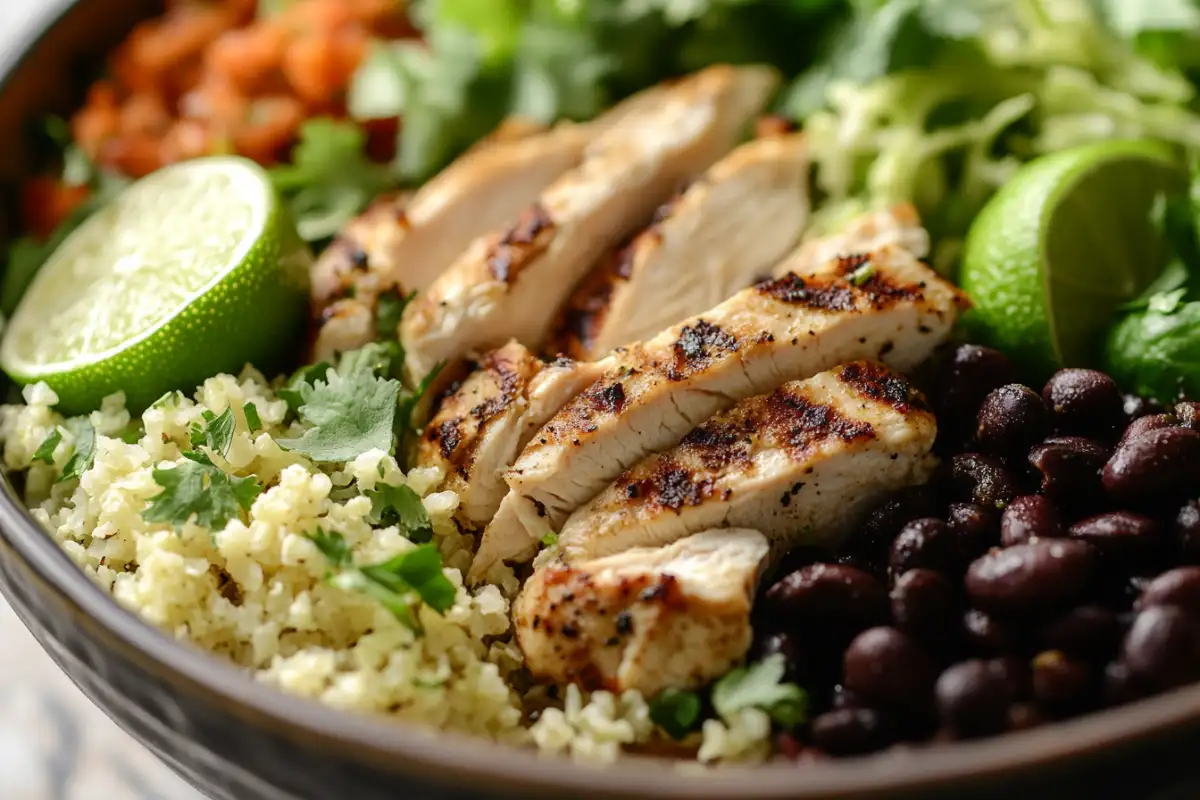 Customizable cilantro lime chicken bowl with cauliflower rice, black beans, and grilled chicken. 