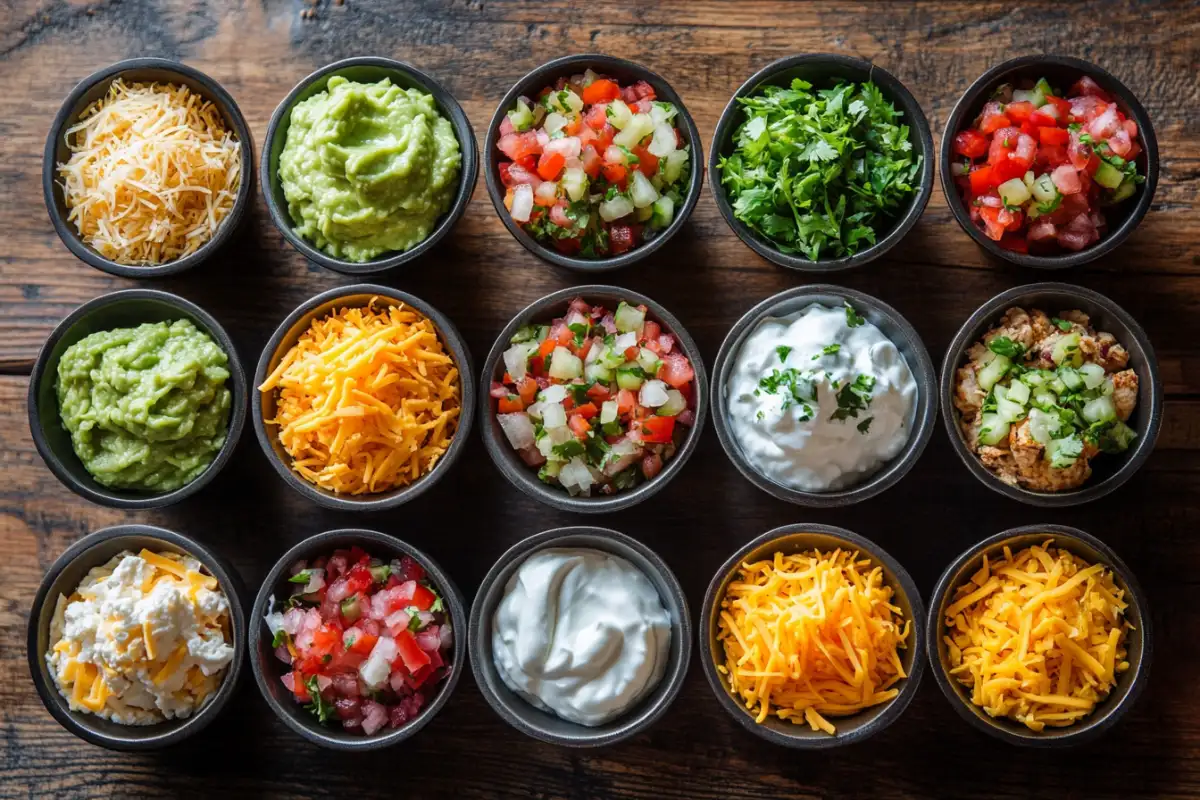 Toppings for a cilantro lime chicken bowl, including guacamole, sour cream, and cheese. 