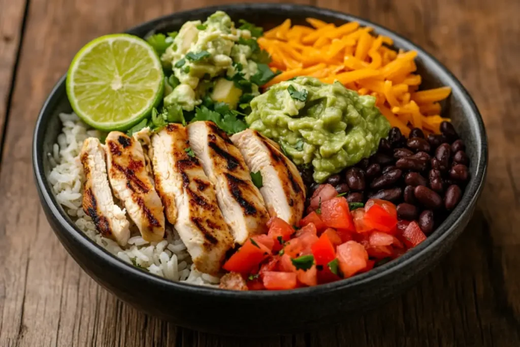 Pollo bowl with grilled chicken, rice, veggies, and tortilla strips