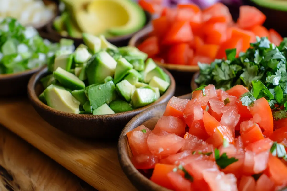  Fresh toppings for pollo bowl including avocado, tomatoes, and cilantro.