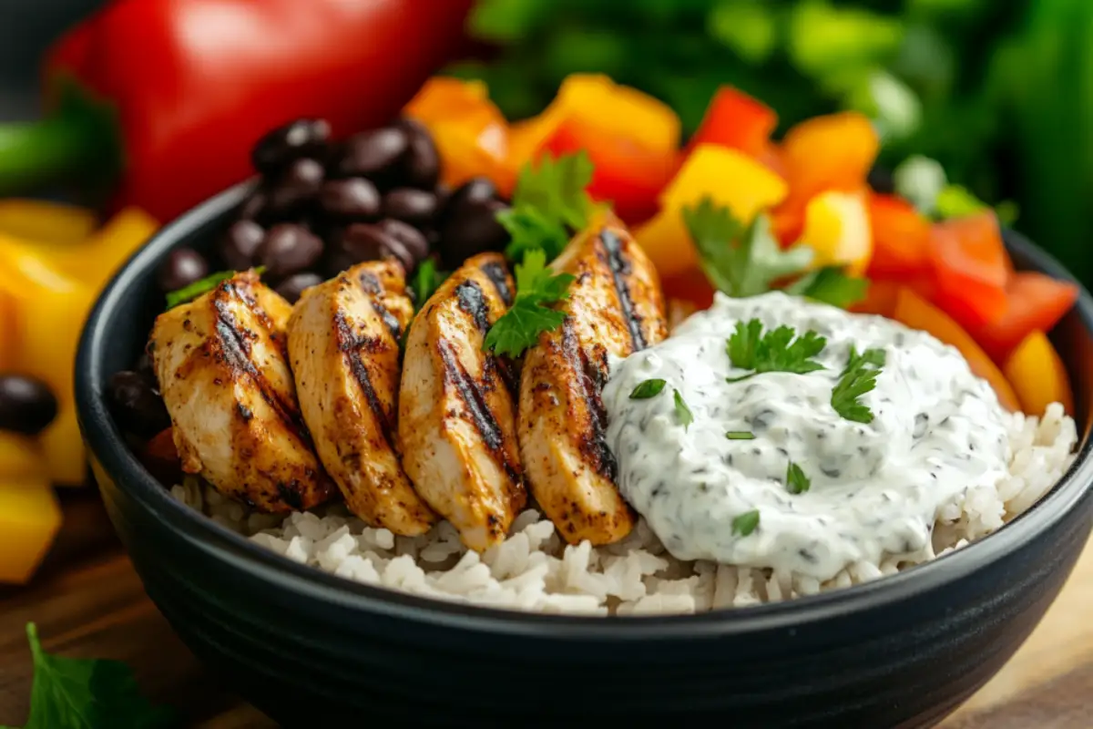 Tzatziki sauce drizzled over grilled chicken and rice.