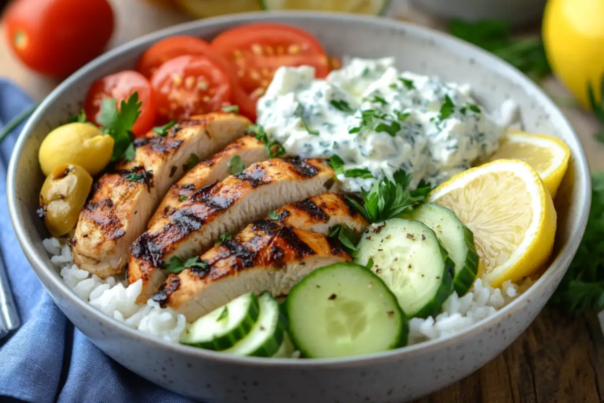 Greek chicken bowl with rice, tzatziki, feta, and vegetables