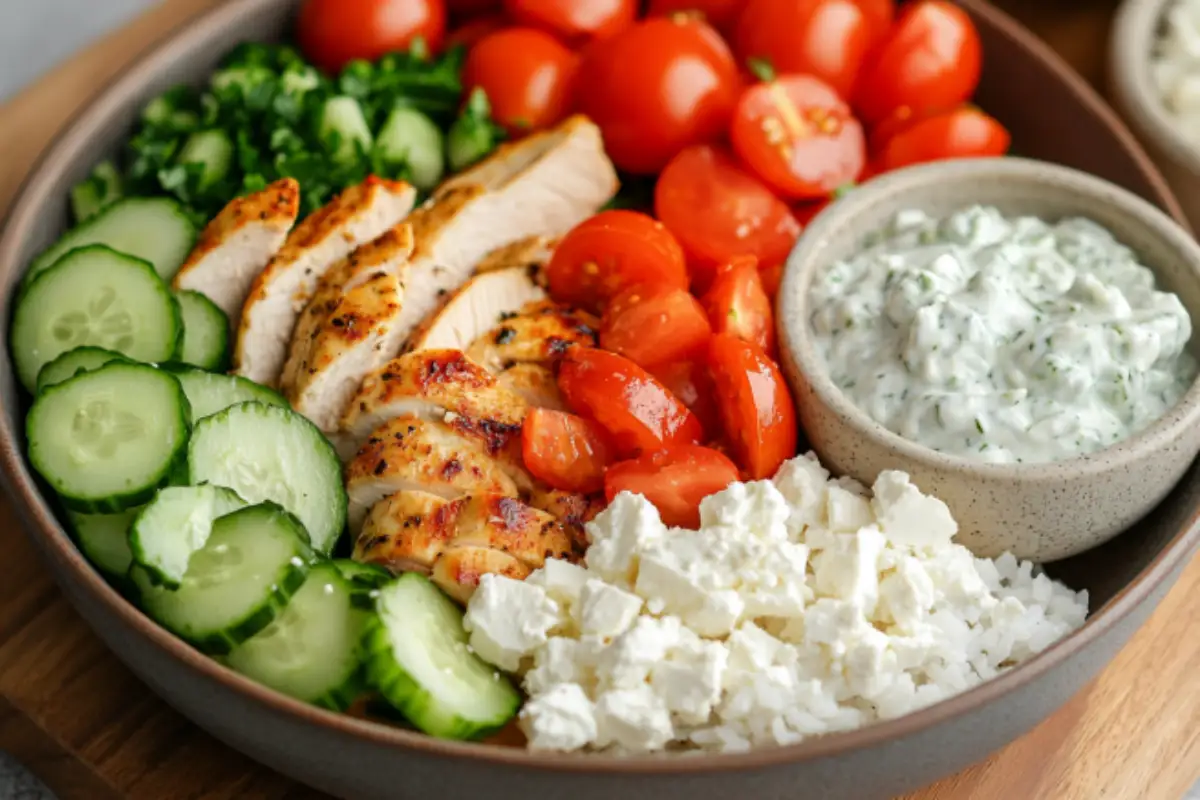 Ingredients for a Greek chicken bowl: chicken, rice, veggies, feta