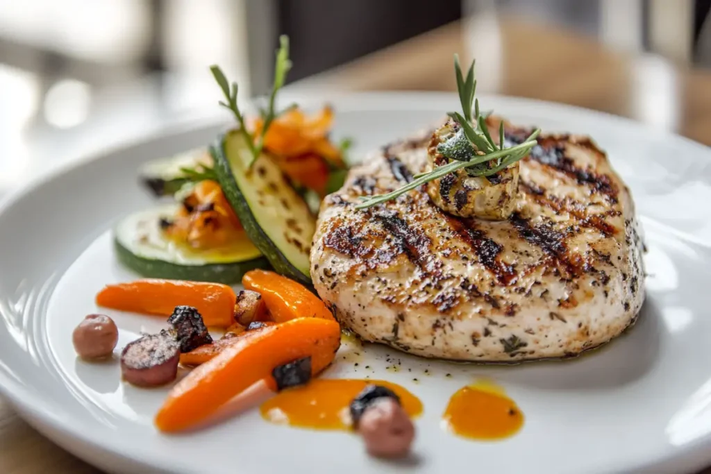 Grilled chicken breast with veggies for a Weight Watchers meal.