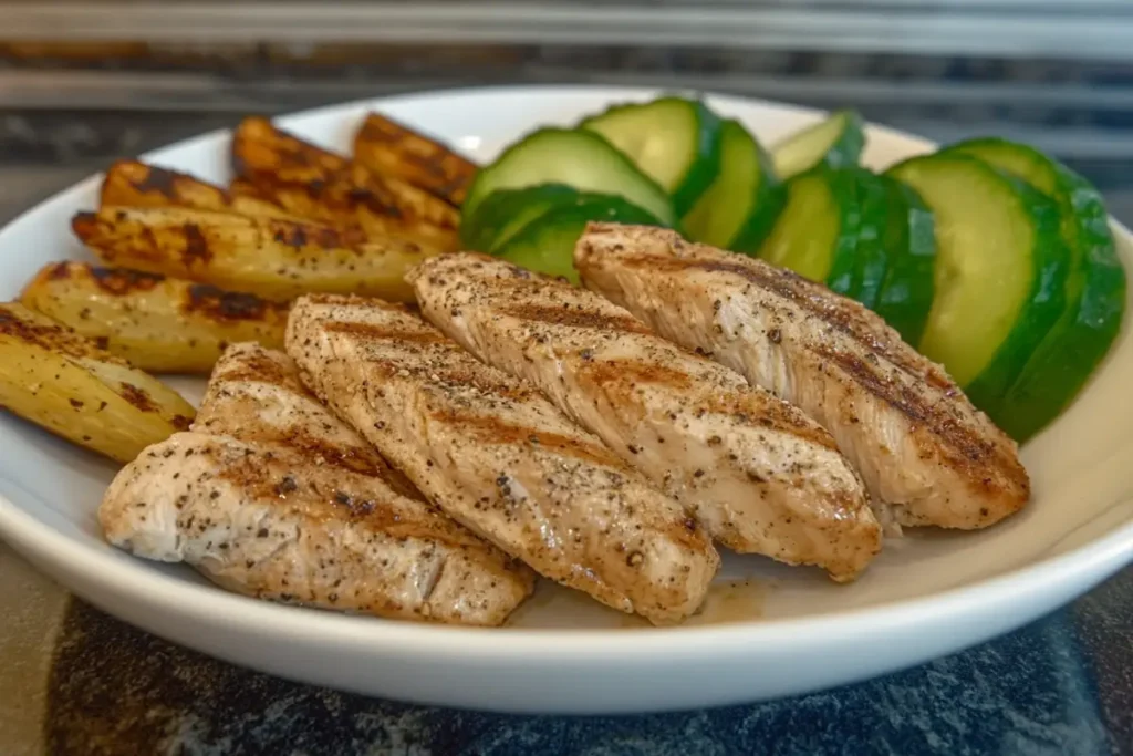 Grilled chicken breast with vegetables.