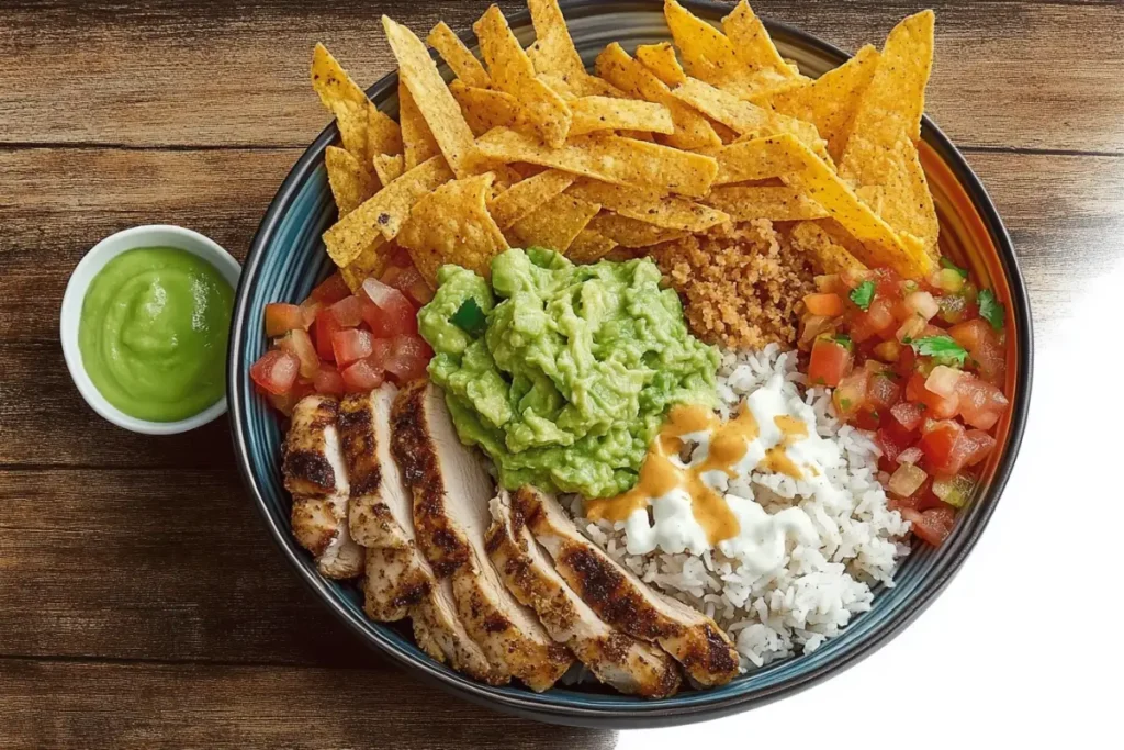 Top-down view of a vibrant pollo bowl with toppings.