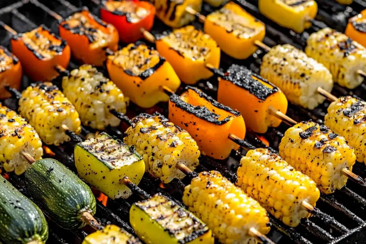 Close-up of grilled bell peppers, zucchini, and corn on a grill.