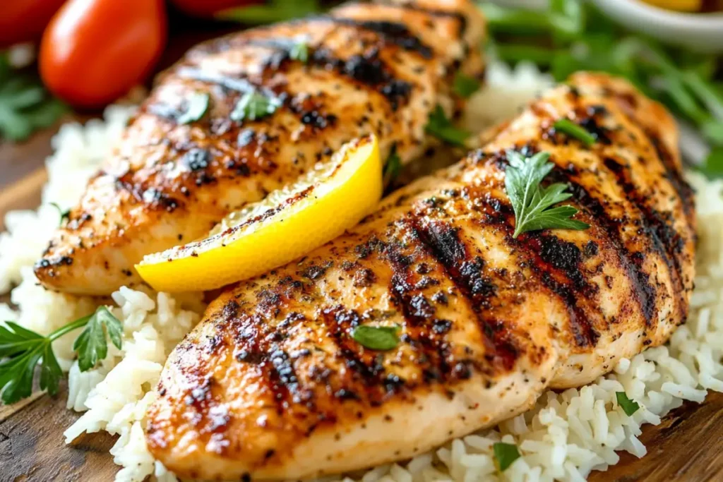 Grilled chicken and rice plate with vegetables