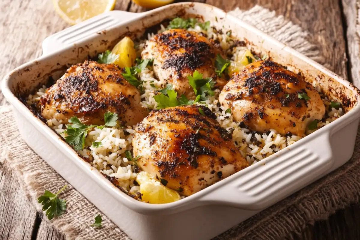 Golden-brown chicken and perfectly cooked rice in a casserole dish.